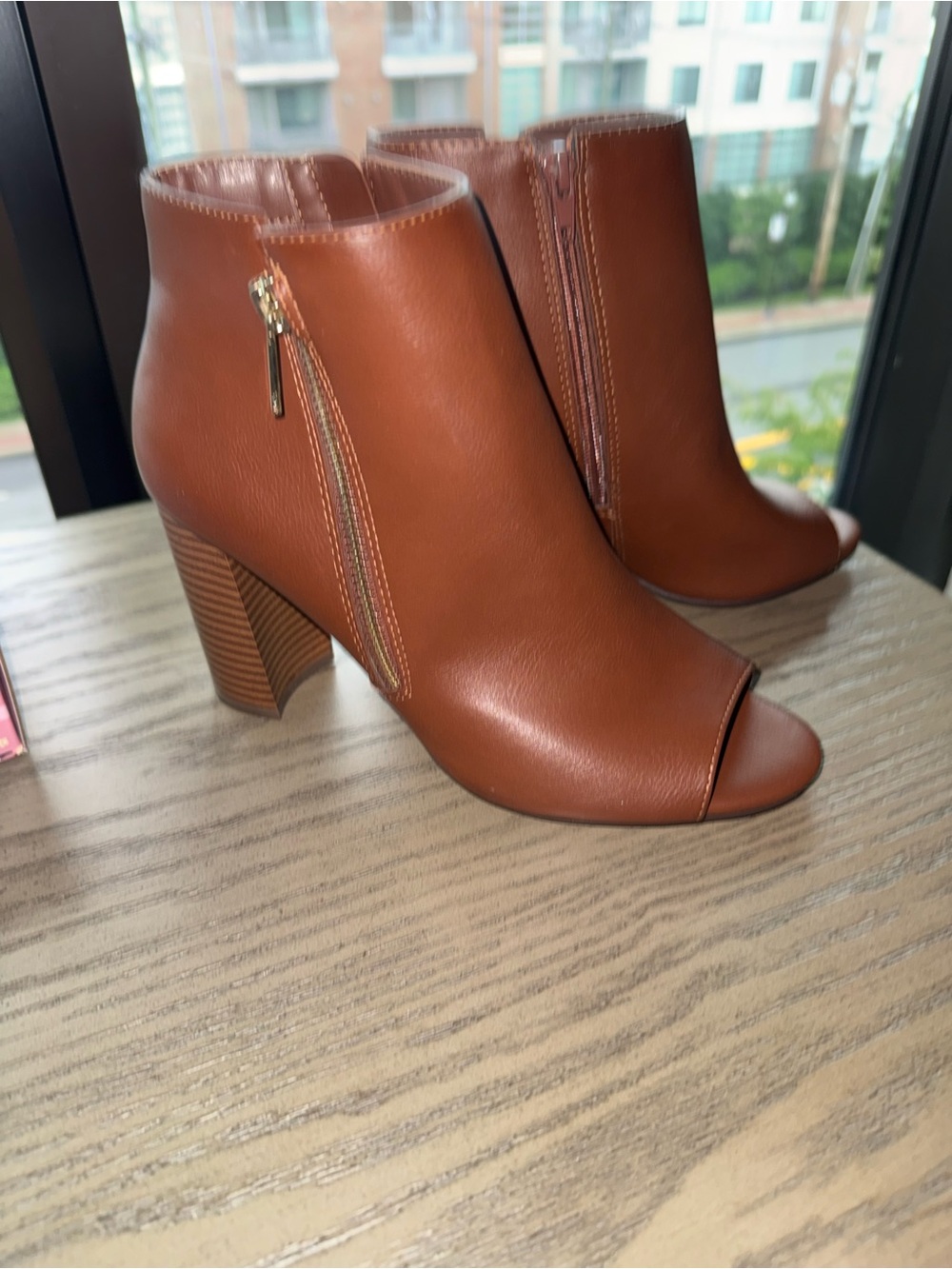 Women's Tan Peep-Toe Ankle Booties with Side Zip